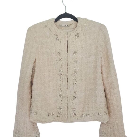 Alice + Olivia Nilla Cream Embellished Tweed Fringe Beaded Trim Boxy Cut Jacket - Picture 4 of 14